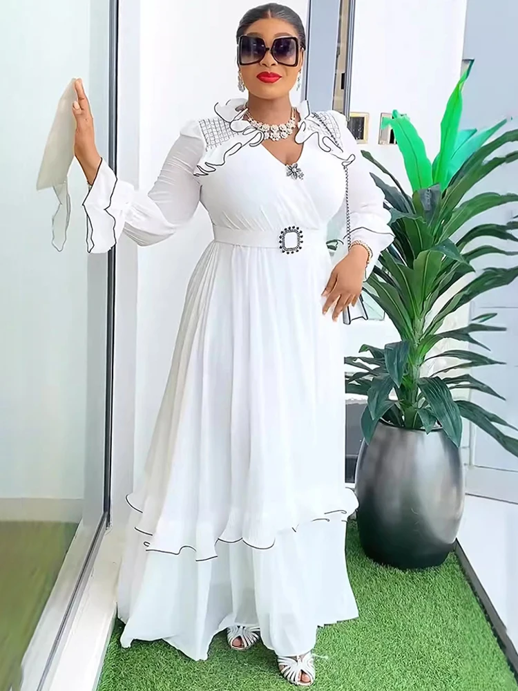 Robes en mousseline de soie pour femmes, robe de soirée de mariage, robe à manches longues, Dashiki africain, robe à volants, Abayas de Dubaï, automne, 2024