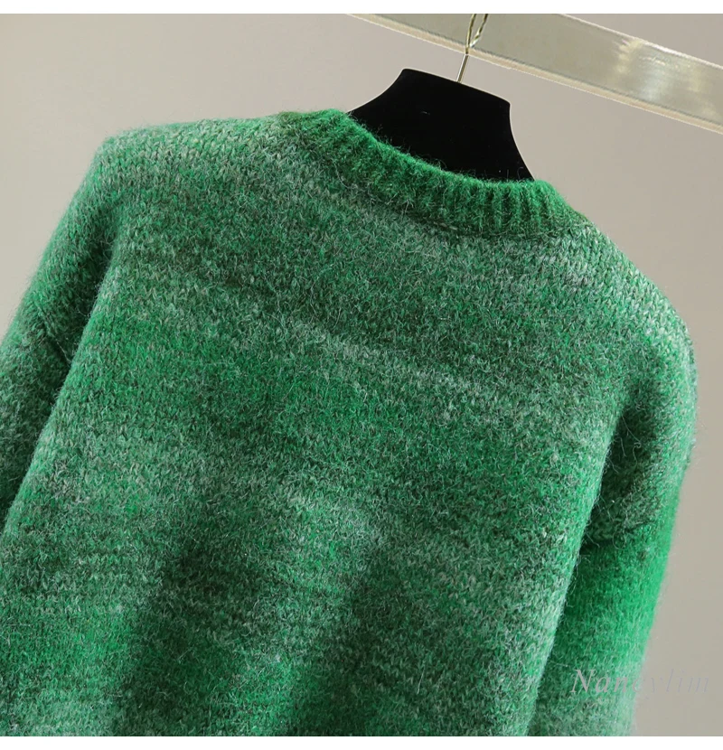 Gradual Change Color Knitted Cardigan Women Spring Winter Korean Version Short Green Sweater Long Sleeve Knitwear Tide