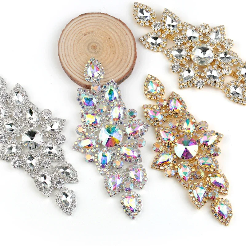 Apliques de diamantes de imitación para coser, 1 Uds., Base plateada/dorada, diamantes de imitación con motivo de cristal transparente/AB para zapatos de vestidos DIY