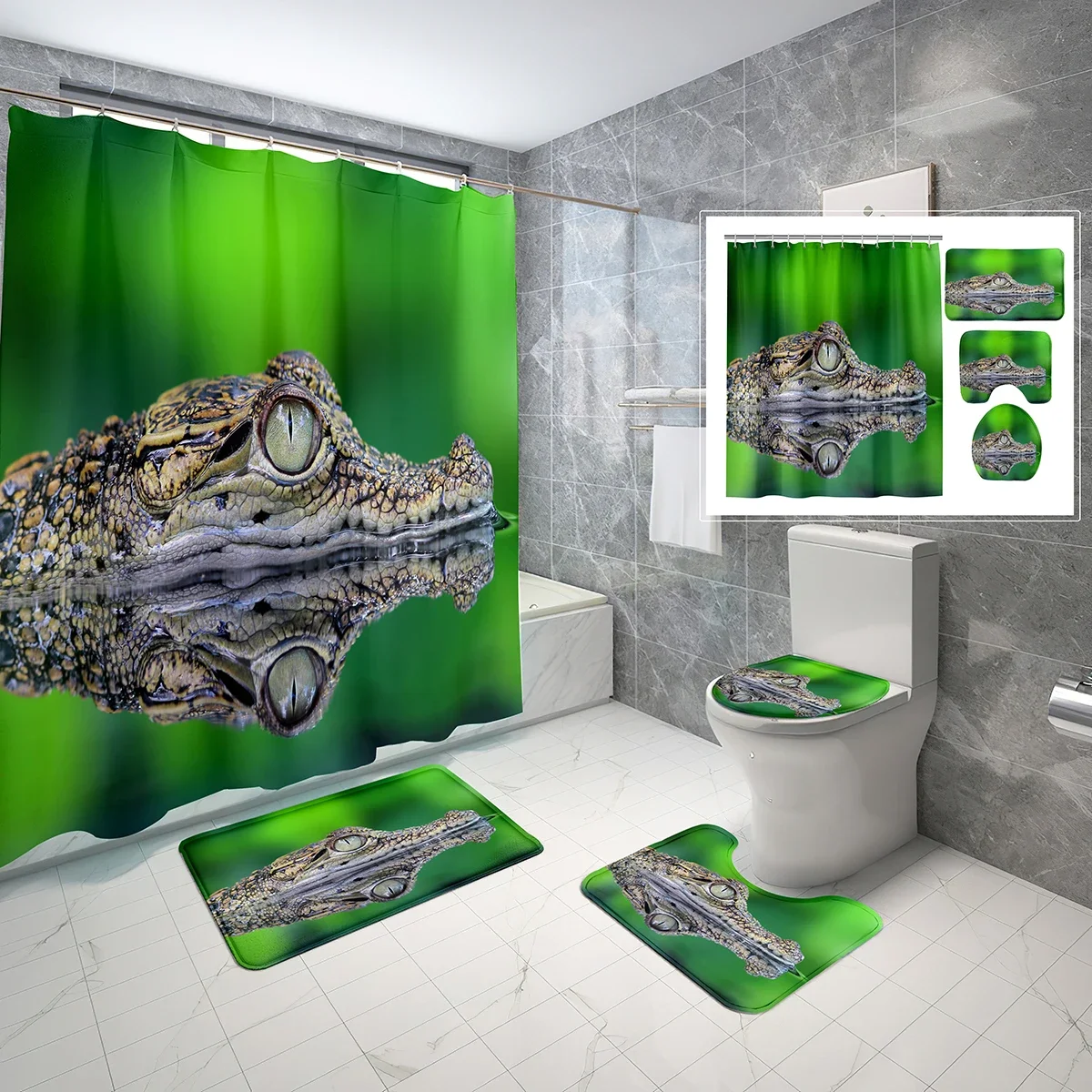 4 Sets Crocodile Shower Curtain Sets with Non-Slip Bath Mat,Toilet Lid Cover and Wild Animal Pond Swimming Shower Curtain Set