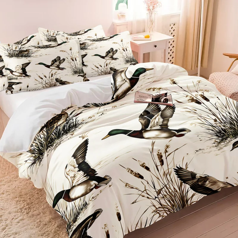 Rustic Mallard Duck Lake Reed Duvet Cover Set Vintage Wildlife Hunting Print Bedding Comforter Farmhouse Cabin Home All Bed Size