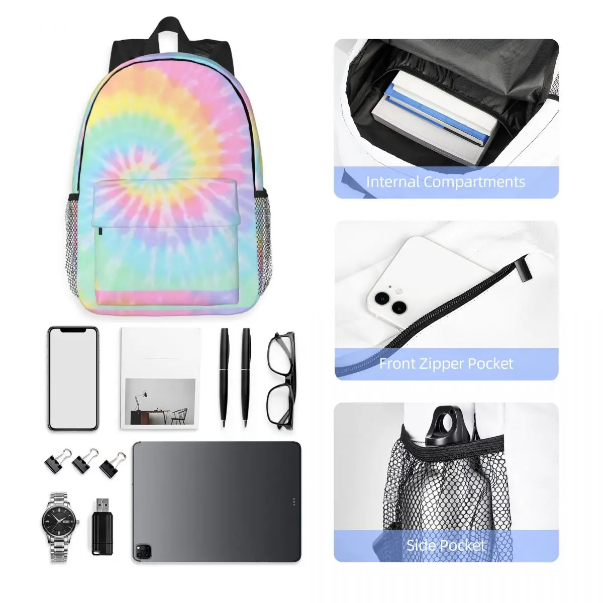 Tie Dye Pastel Backpack For Girls Boys Large Capacity Student Backpack Lightweight waterproof Backpack 15inch