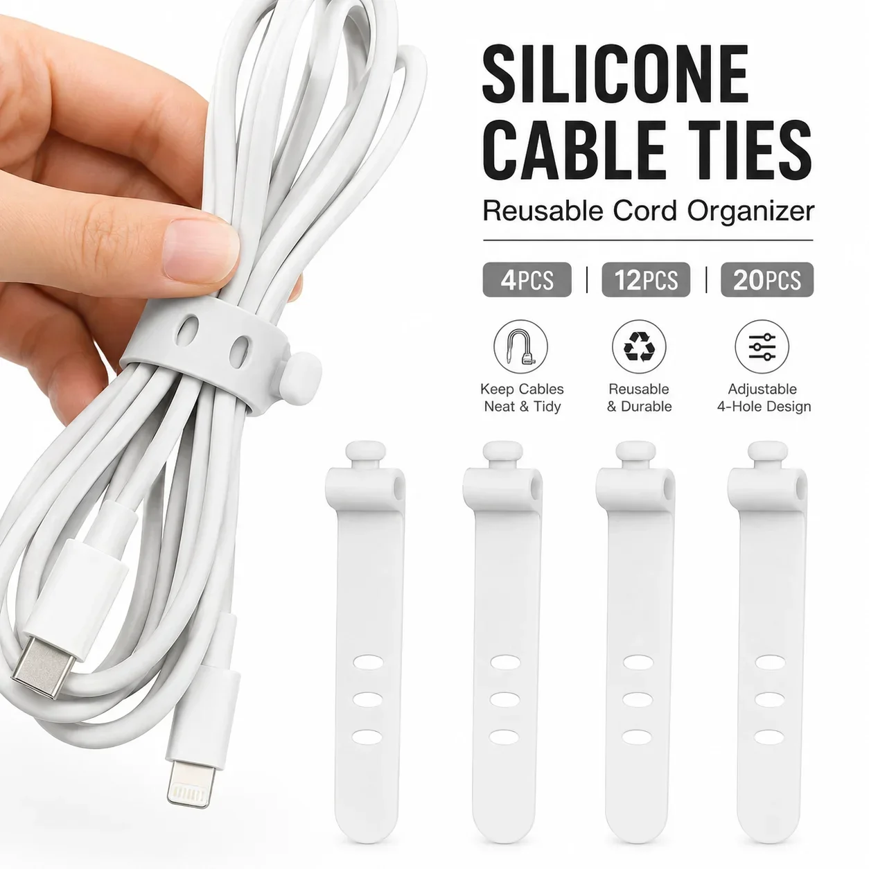 4/12/20pcs Cable Organizer Ties Clip Charger Cord Management Silicone Wire Straps Manager Mouse Earphone Holder Data Line Winder