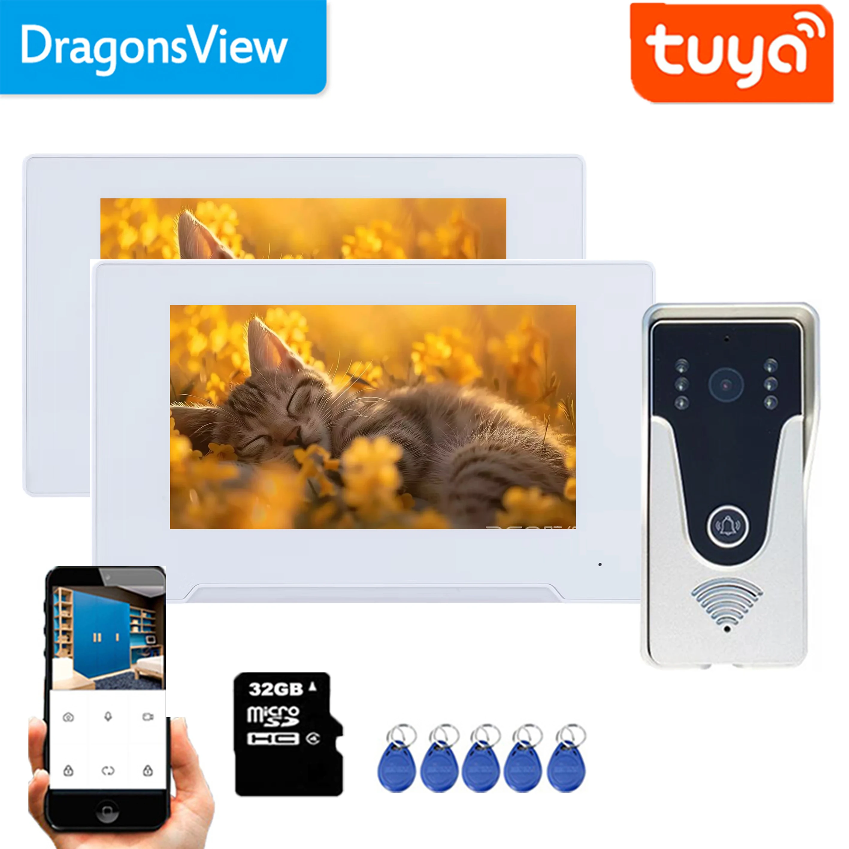 Dragonsview-Tuyaテレビ電話,Wi-Fi,RFID,カメラ付きドアベル,2台のタッチスクリーンモニター,7インチ,モーションレコード,1080p