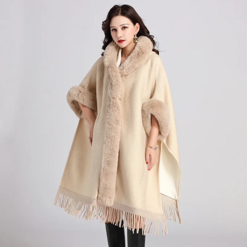 Oversized Women Cloak with Tassel Winter New Fashion Faux Fur Shawl Women's Warm Thicken Long Style Ponchos And Capes Coat WF292