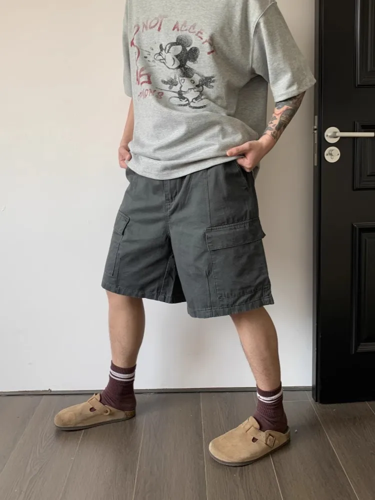 

Summer New Pure Color Basic Multi-ket Workwear orts Loose Straight Leg Pure Cotton Five-Pointed Casual Faionable orts