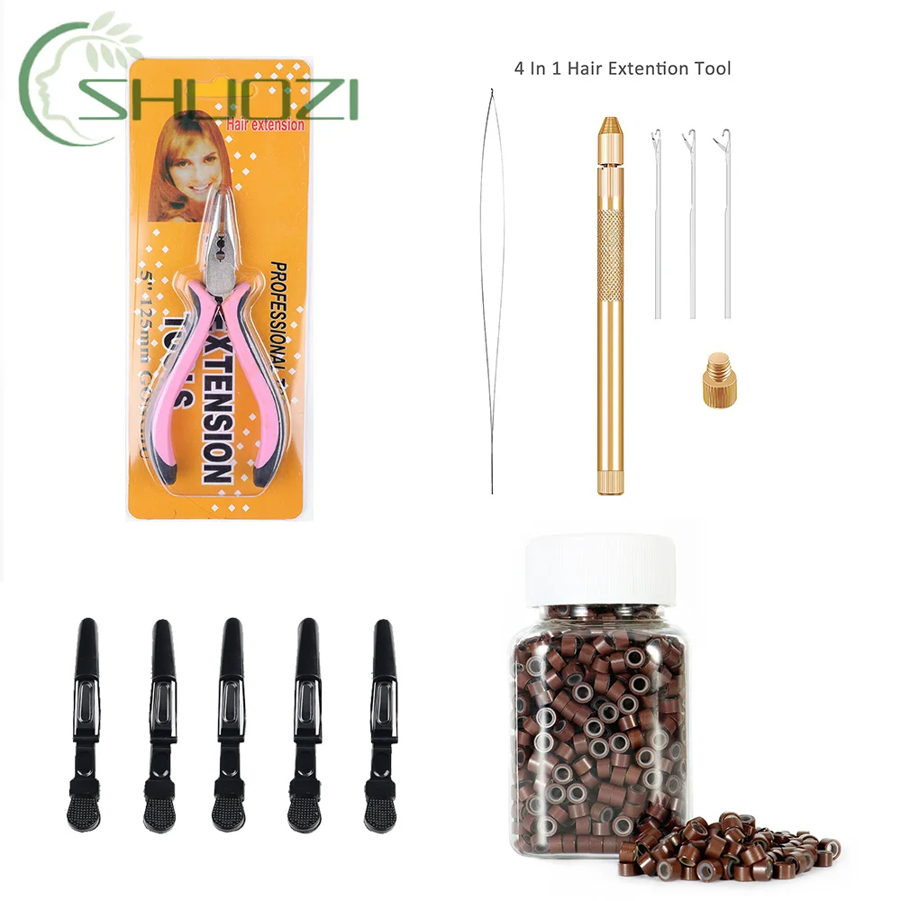 Extensões de cabelo Beads Kit de ferramentas Micro Ring Link Extensões de laço de cabelo humano Alicerça de cabelo Loop Threader Micro anéis forrado de silicone