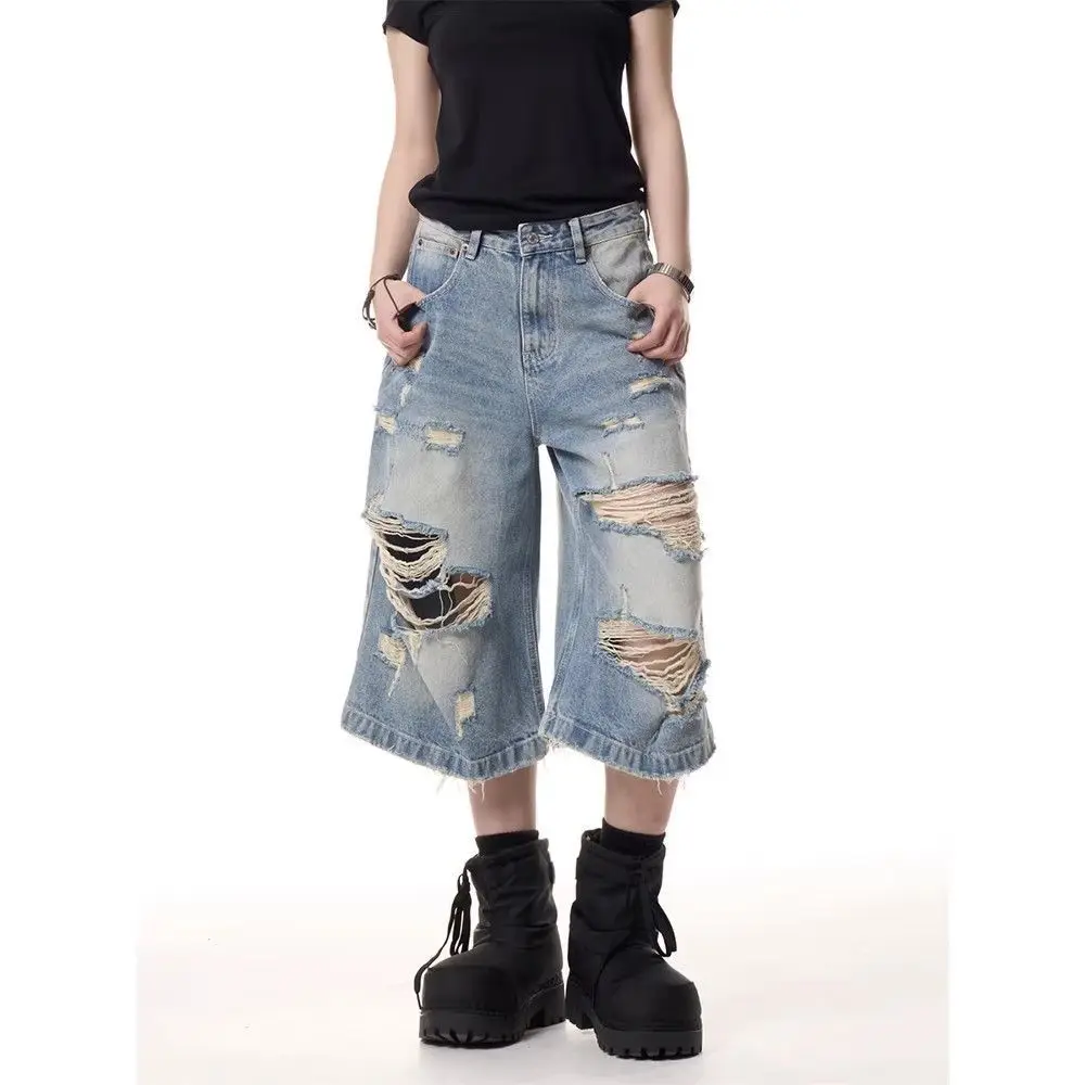Summer Men's Multiple Hole Designs Denim Shorts Cool Boy Wide Leg Vintage Casual Bottom Male High Waist Calf-length Pants