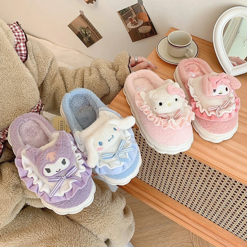 Sanrio Hello Kitty Plush Slippers Cute Cartoon Kuromi Cinnamoroll My Melody Fashion Warm Soft Home Shoes Girls Holiday Gifts