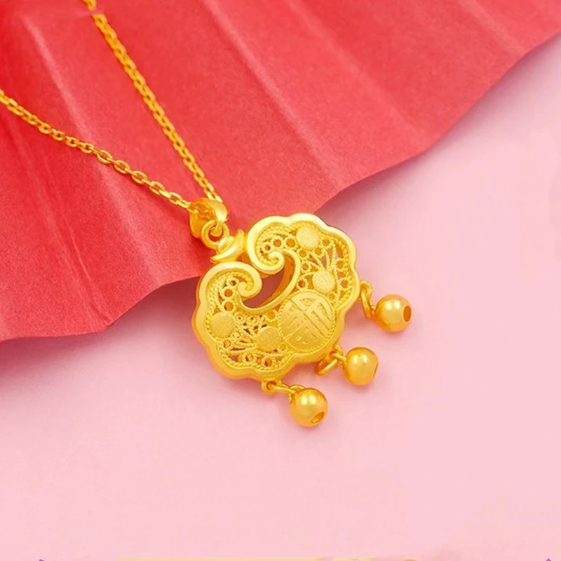 

Pure 14K Gold Pattern Small Block Pendant Necklaces for Women Baby 999 Gold Color Trendy Necklaces Chain Fine Jewelry Gifts