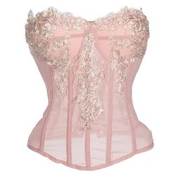 Pink Floral Embroidery Applique See Through Mesh Victorian Padded Push Up Corset Top Women Elegant Sexy Lingerie Gothic Clothing