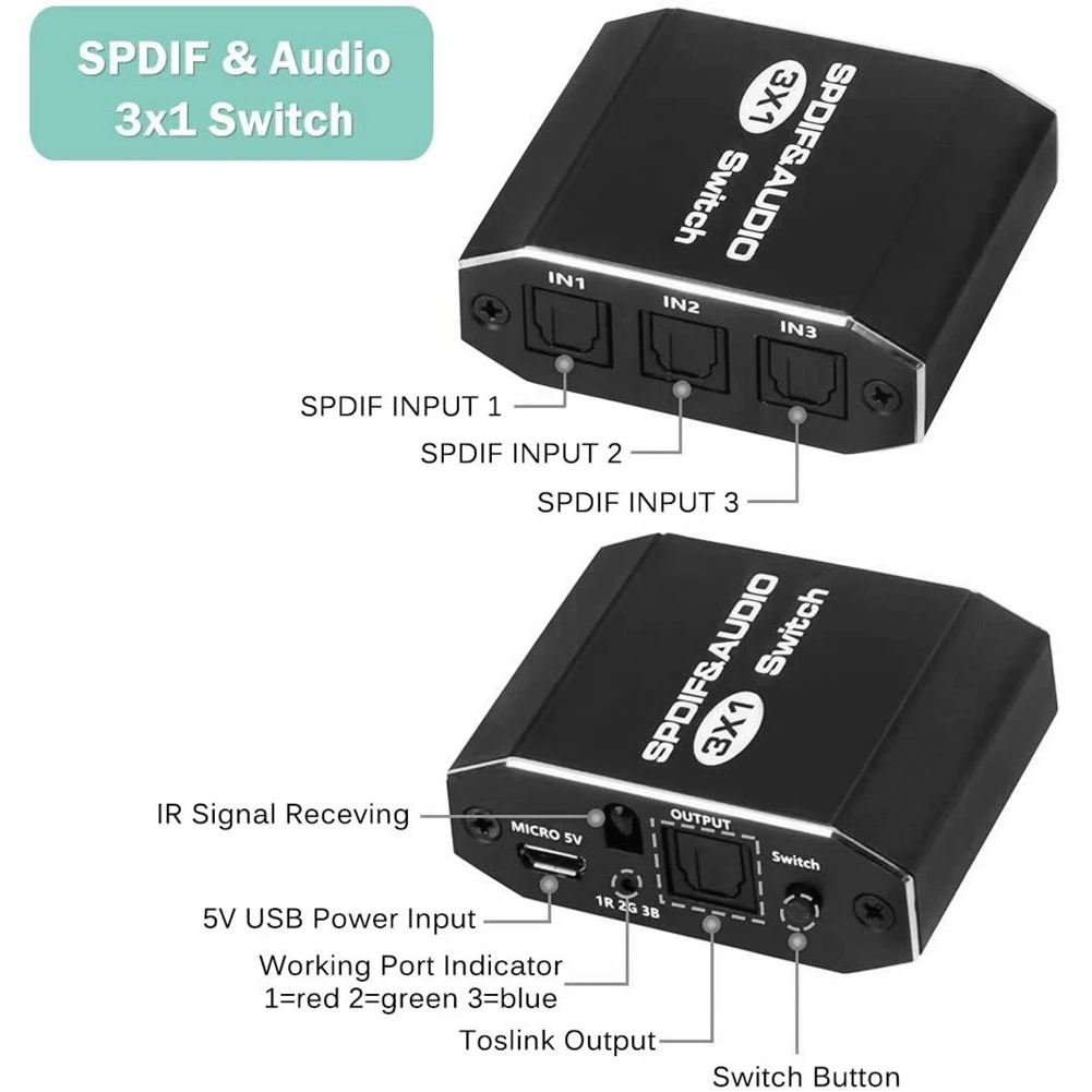 SPDIF Toslink Switcher 3 w 1 Out Cyfrowy optyczny rozdzielacz audio Przełącznik wyboru 3x1 z obsługą sterowania na podczerwień DTS AC3