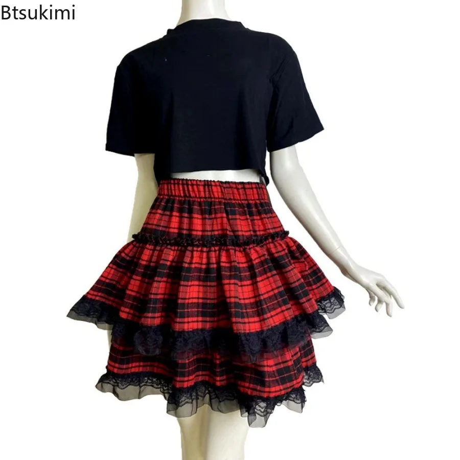 

Gothic Punk Style Cake Skirts Women Harajuku High Waist Double-layer Lace Spliced Short Skirts Halloween Party Cosplay Costumes