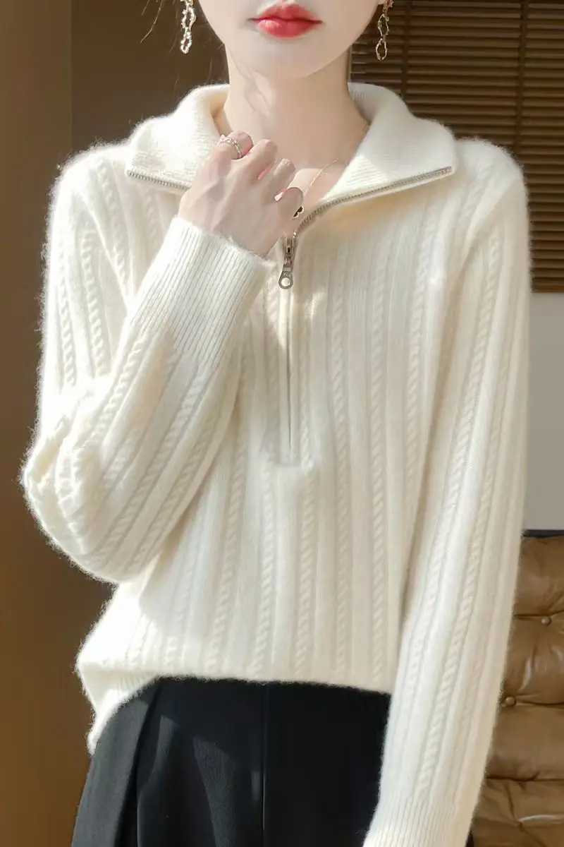 Zipper half-open collar thread knitted bottoming shirt women's 100% pure cashmere blouse autumn and winter sweater