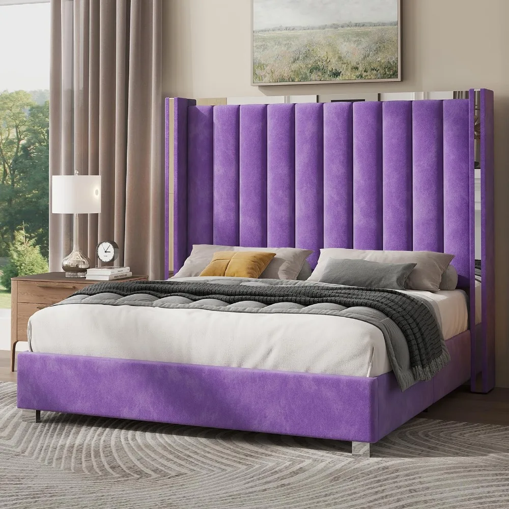 

Queen Bed Frame with 58" Tall Headboard, Velvet Upholstered Platform Bed with Channel Tufted Wingback Headboard and Plating Trim