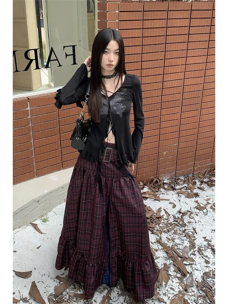 Women\'s Plaid A-line Long Skirt Vintage Y2k Skirt Harajuku Korean Streetwear Fashion A-line Skirts Emo 2000s Trashy Clothes 2023