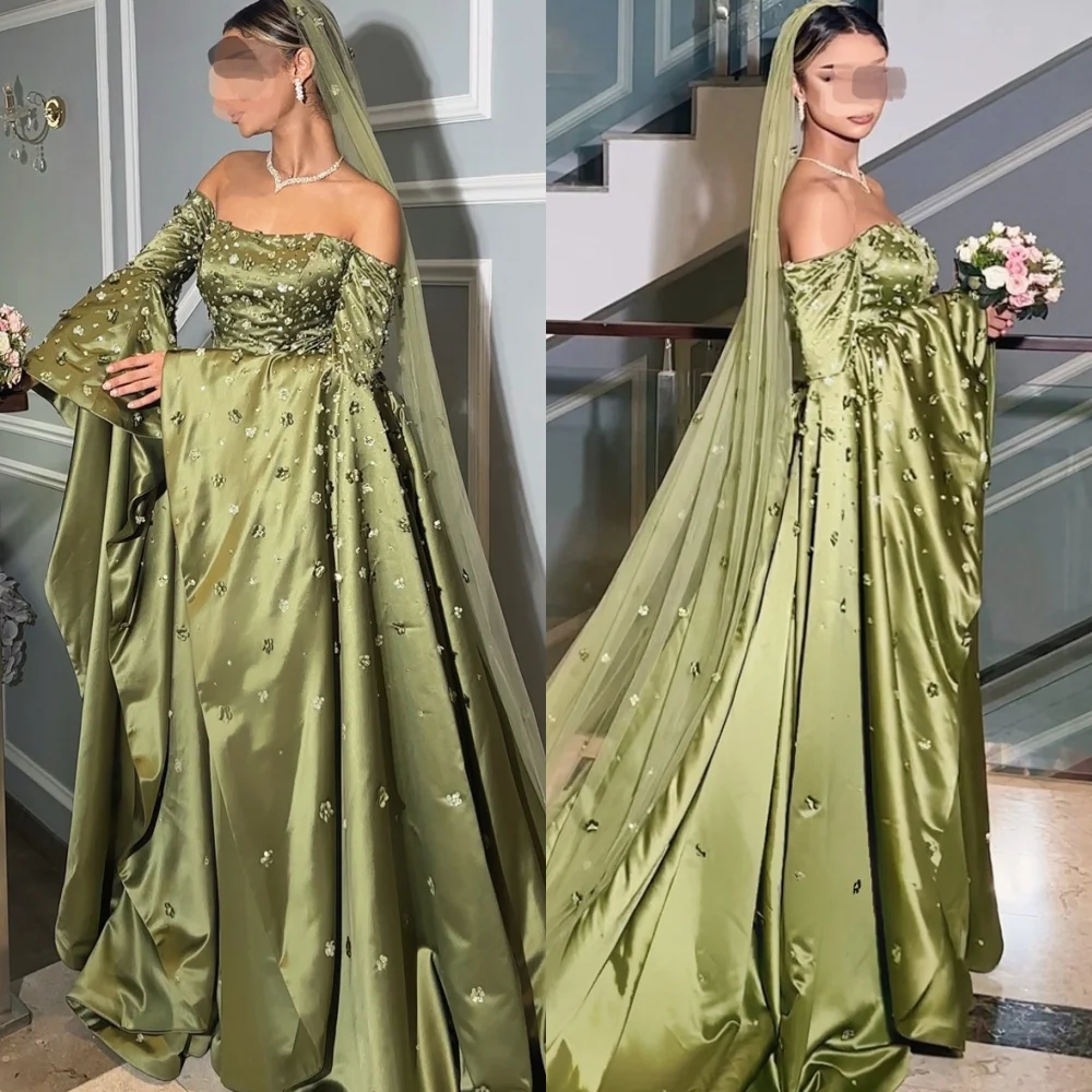 

Customized Soft Green Satin Evening Dress Elegant Strapless Long Sleeves Homecoming Dresses High Quality Crystal Prom Dress