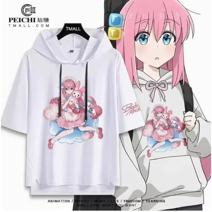 

Anime Bocchi The Rock Gotoh Hitori Hooded Short Sleeve T-Shirt Summer Cosplay Costume Casual Student Loose Tops Anime