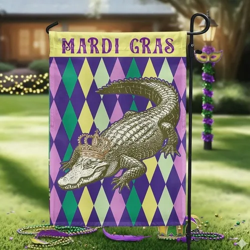 Alligator Happy Mardi Gras Louisiana Fat Tuesday Double-sided Garden Flag Decor ZZO EEZ