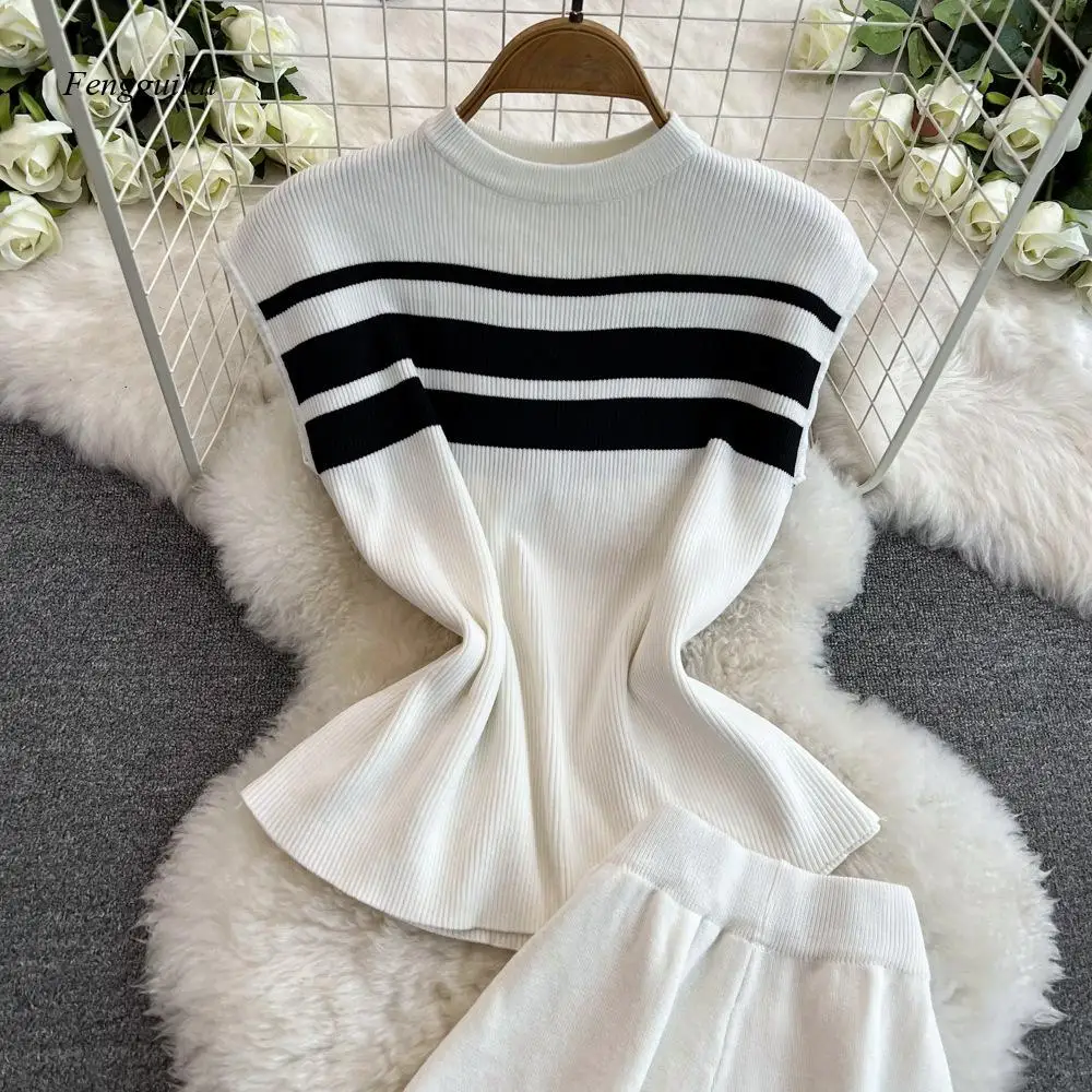 Fashion Suit Women's Version Sleeveless Slim Knit Top Two-Piece Set Casual High Waist Slimming Straight Leg Wide Leg Pants
