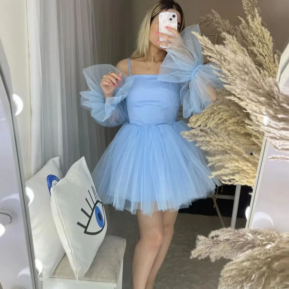 

Carolina Sky Blue Evening Dresses Women puffy Sleeves Backless Mini Above Knee Length Wedding Guest Elegant Formal Party Gowns