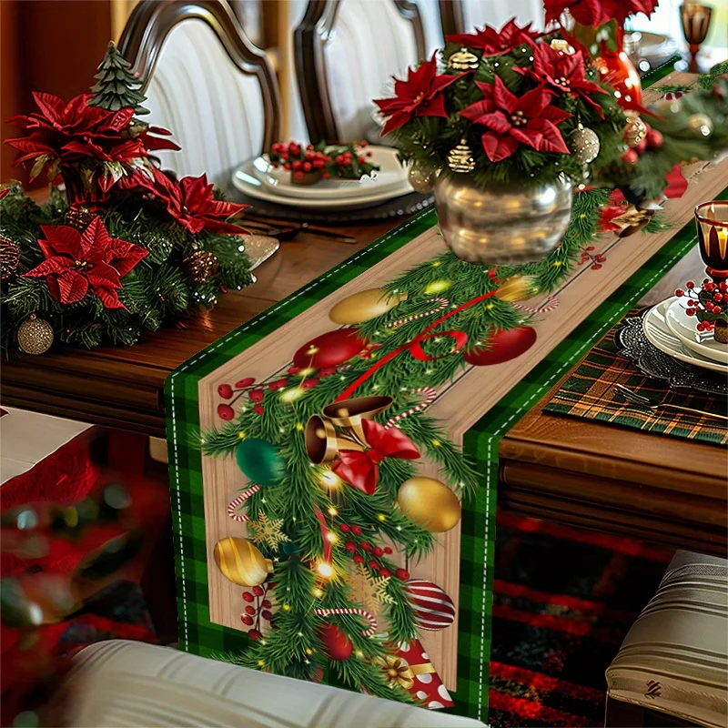 1 Piece of Christmas Decoration Pine Branch Table Runner, Green Checkered Edge with Pine Branches, Colorful Balls, Bells, Lanterns, Suitable for Christmas Dinners, Holiday Parties, Family Gatherings, Themed Cafes, B&B Decorations, Christmas Markets, Warm Tea Parties, Holiday Gifts