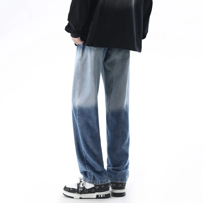 2025 Men's summer American retro casual straight leg versatile loose and simple washed, vintage wide leg denim pants EF-332