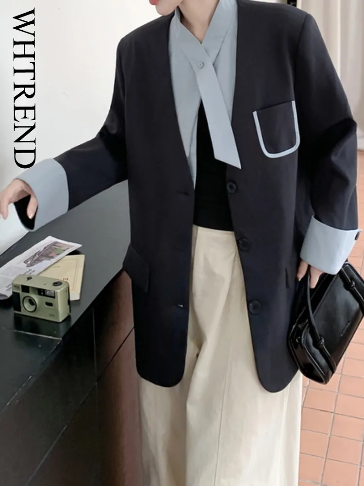 

WHTREND Patchwork Blazers For Women Color Block Single Breasted Jacket Coat With Pocket Office Lady Fashion Clothing New WH1429