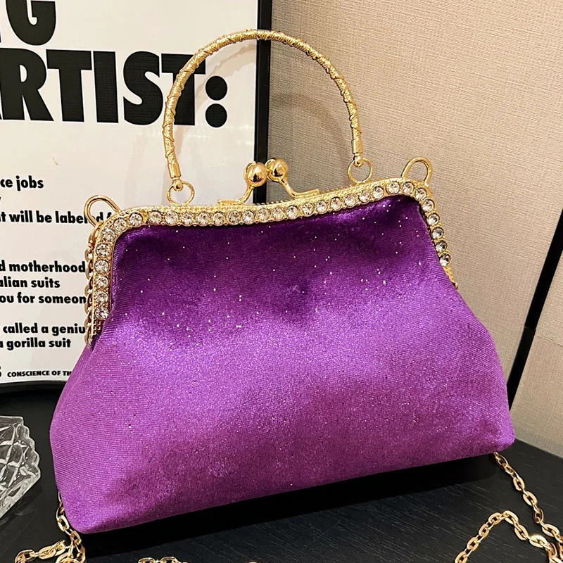 2024 Retro Women Velvet Chain Shoulder Bag Vintage Metal Hand Shell Bags Crossbody Bags Fashion Tote Purple Handbags And Purse