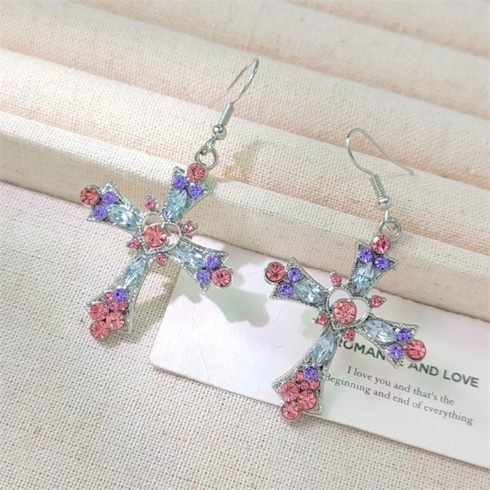 Luxury Exaggerate Cross Hollowed-out Heart Pink Purple Crystal Zircon Dangle Earrings for Women Hip-hop Punk Y2k Jewelry Gifts