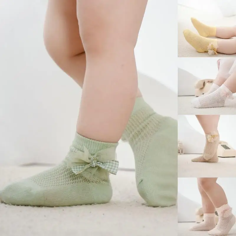 

C63C 1 Pair Elegant Baby Socks Soft Breathable Mesh Ankle Socks with Bowknot Decor