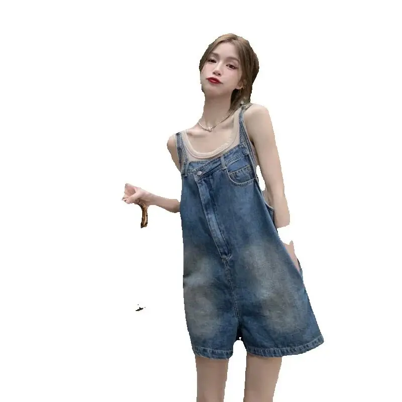 Sweet Denim Overalls Women Summer New Loose Straight Wide-Leg Shorts Niche Irregular Washing Pants