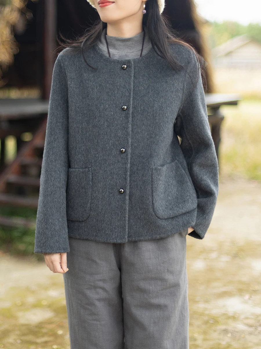 

Double-Faced Woolen ort Coat by Nian Jiang Nan Casual Sle Women's Faionable Coat Pure Color Mixed Wool Rabbit Velvet Silk