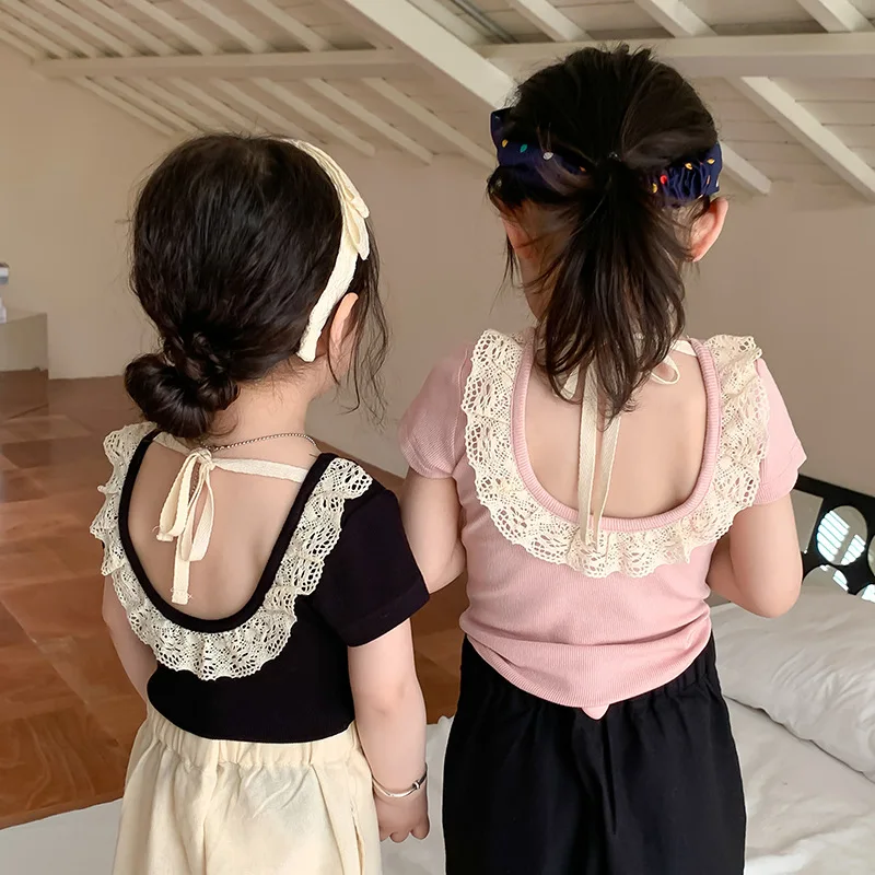 

deer jonmi 2022 Summer Baby Girls Princess T-shirts Lace Backless Korean Style Tops Toddlers Kids Soft Sweet Tees