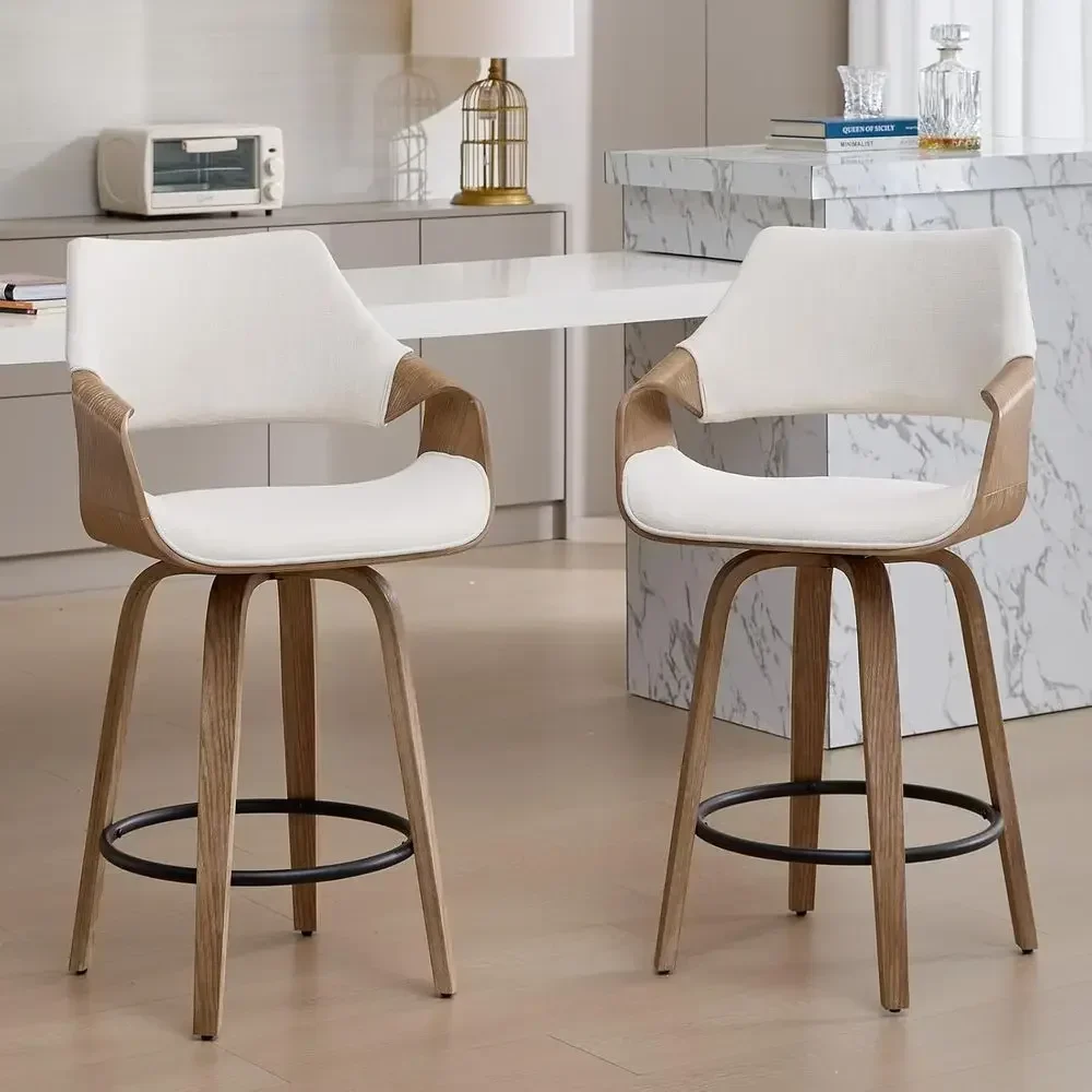 Set of 2 White Linen Upholstered Swivel Bar Stools with Back, Suitable for Counter Height and Kitchen Island