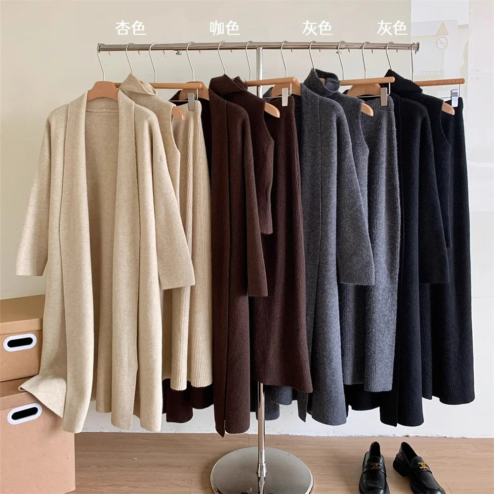 

Women Pant Set Three Piece Sets Turtleneck Knit Vests Tops Full Sleeve Mid Length Coats Long Skirts Elastic Waist Y2k Streetwear