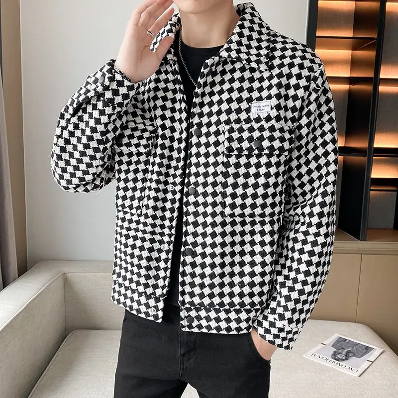 Autumn Winter New Fashion Turn-down Collar Long Sleeve Plaid Jackets Men's Clothing Korean Casual Button Pockets Trend Chic Tops