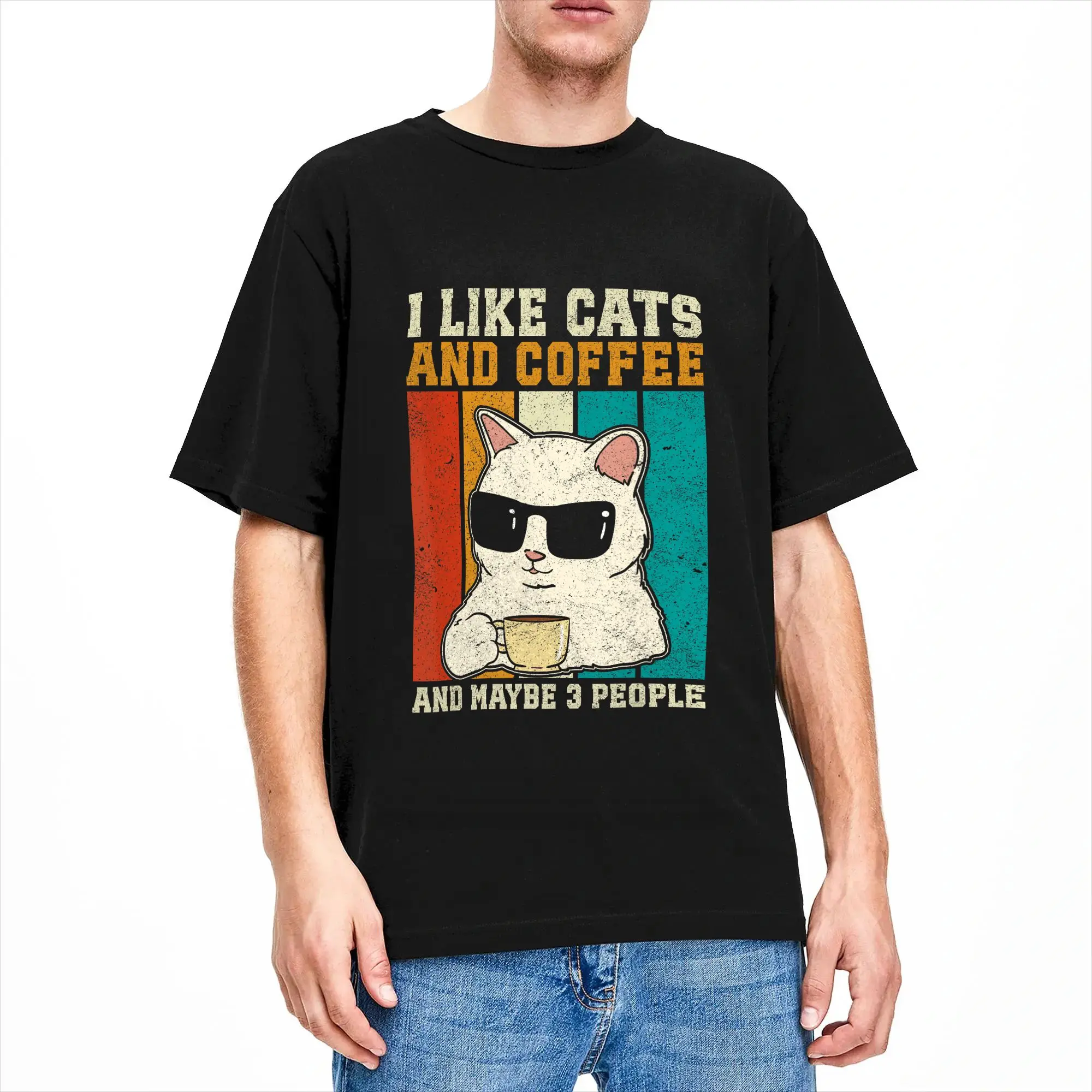 Harajuku T-Shirt Funny Cats I Like Cats And Coffee And Maybe 3 People Cotton T-Shirts  Fashion Tshirt Casual Short Sleeve Tees