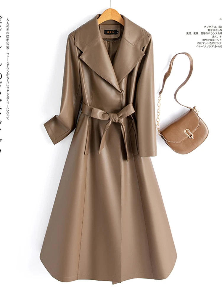 เสื้อโค้ทหนังแกะทรงสลิมฟิตสำหรับผู้หญิง ความยาวปานกลาง ไซส์ใหญ่ เสื้อกันลมแฟชั่นใหม่สำหรับฤดูใบไม้ร่วงและฤดูหนาว