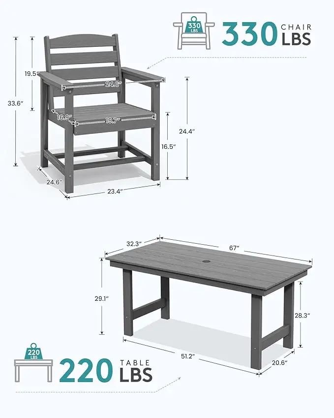 Conjunto de mesa de jantar HDPE, Conjuntos de mesa de jantar ao ar livre com guarda-chuva, mesa recortada, 6 cadeiras, cinza, 7 pcs