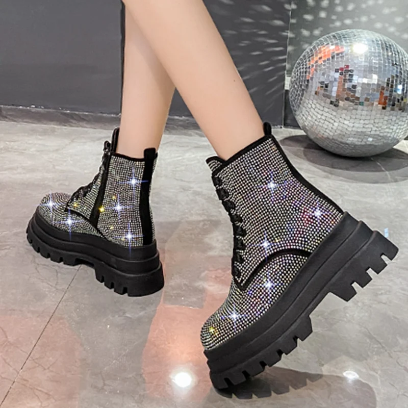 Crystal Flats Platform Ankle Boots Women Shoes Dress Fashion New 2024 Winter Casual Women Shoes Comort Warm Chaussures Femme