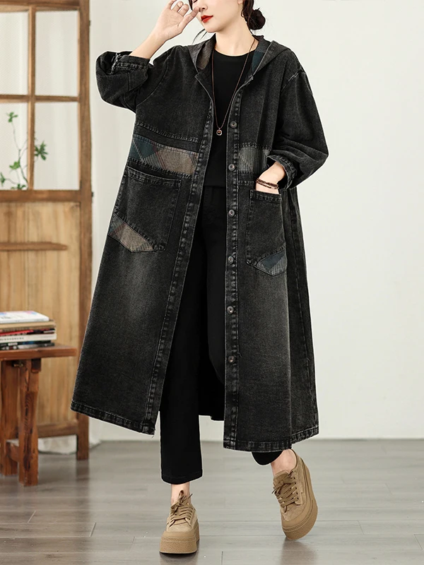 Women's Oversized Patchwork Denim Jacket Loose Fit Long Sleeve Autumn Style Windbreaker Coat Casual Commute Cotton Blend