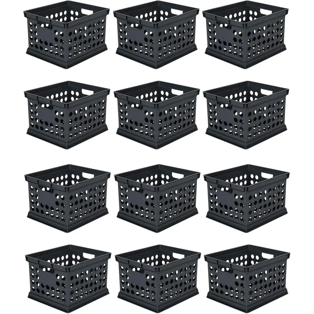 

Stackable Plastic Storage Crate Bin Organizer File Box with Handles for Home, Office, Dorm, Garage, Black, 12-Pack