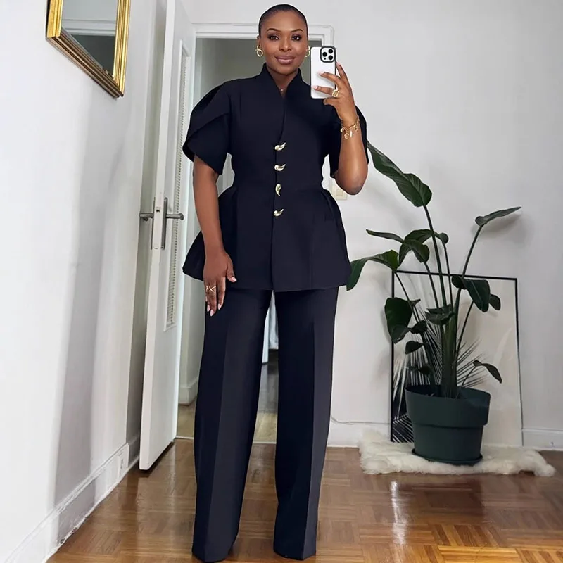 

Винтажный элегантный комплект из двух предметов, женские одинаковые комплекты, офисный женский однобортный пиджак с пышными рукавами, пальто и широкие брючные костюмы
