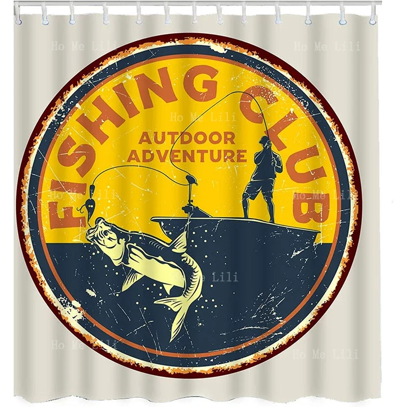 Funny Fisher Mans Rules Bait With Fishing Club Retro Outdoor Adventure Stamp Various Fish Vintage Grunge Style Shower Curtain