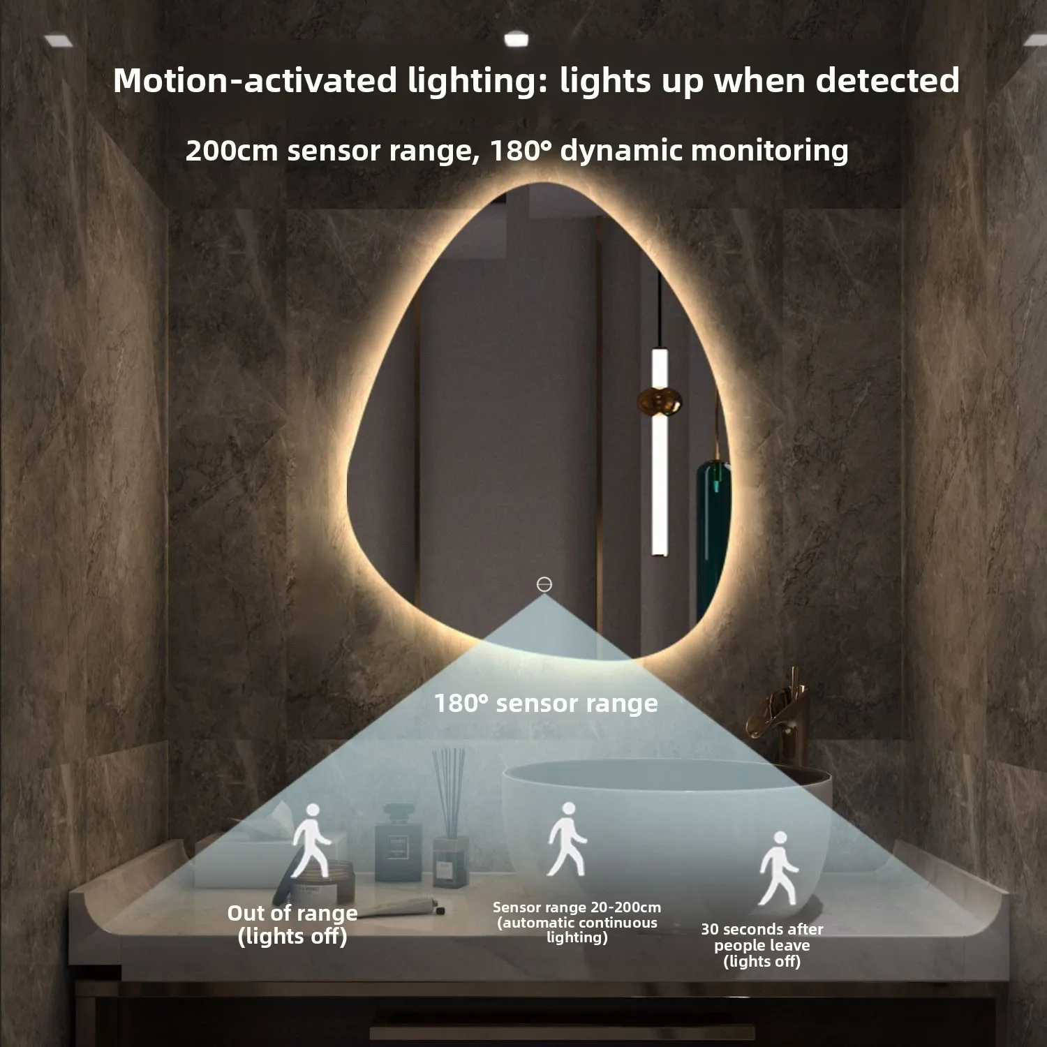 New Smart LED Irregular Water Drop Shape Bathroom Mirror, Touch Screen Vanity Mirror for Toile