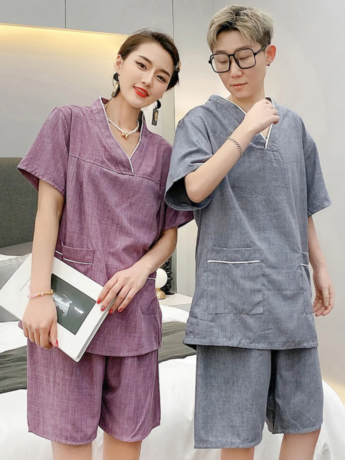 

Couples Pure Cotton Sauna Sweatsuits Women's Sle Cotton Linen Bathing Suits Men's Han St Clothes Hot Spring Set
