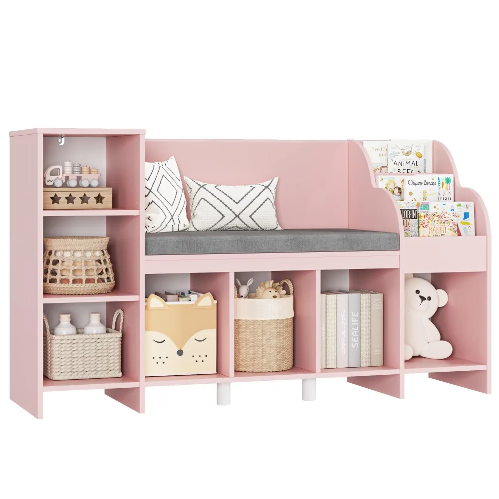 

Kids Bookshelf with Reading Nook, Bookcase with Seat Cushion and Adjustable Shelf, Storage Bench with Book Rack for Bedroom