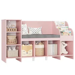 Kids Bookshelf with Reading Nook, Bookcase with Seat Cushion and Adjustable Shelf, Storage Bench with Book Rack for Bedroom