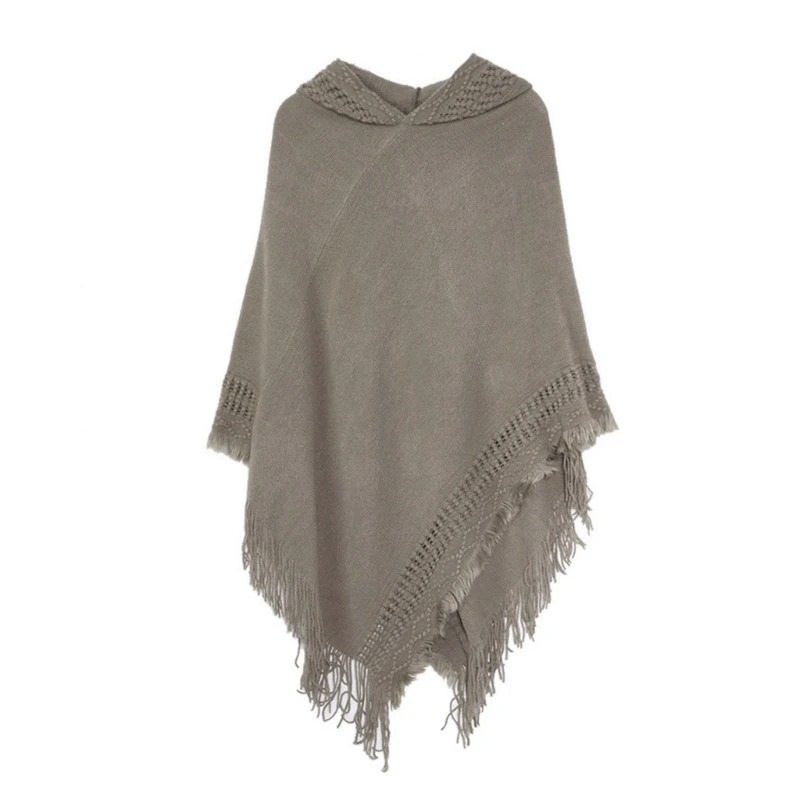 

Women Winter Warm Knitted Hooded Poncho Cape Solid Color Crochet Fringed Tassel Shawl Wrap Oversized Pullover Cloak Sweater Top